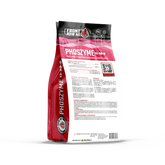 A red bag of PhosZyme biostimulant fertilizer with product information and branding.