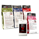 Three bags of Front Row AG water soluble fertilizer, labeled as Part A, Part B, and Bloom, plus Front Row Si and Phozyme products.