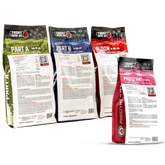 Three bags of Front Row AG water soluble fertilizer, labeled as Part A, Part B, and Bloom, with a bag of Front Row Ag Phozyme