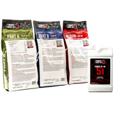 Product imagery of hree bags of Front Row AG water soluble fertilizer, labeled as Part A, Part B, and Bloom, plus Front Row Si.